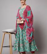 Sea Green and Red Floral Maxi Dress with Pant and Dupatta