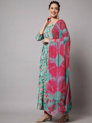 Sea Green and Red Floral Maxi Dress with Pant and Dupatta 2