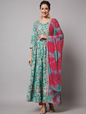 Sea Green and Red Floral Maxi Dress with Pant and Dupatta 5
