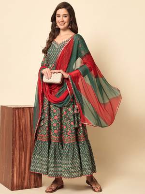 Pine Green Flared Tier Dress with Dupatta Set 1