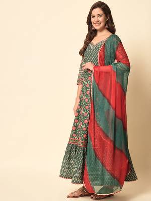 Pine Green Flared Tier Dress with Dupatta Set 2