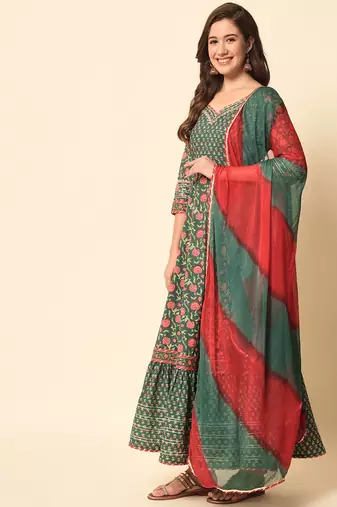 Pine Green Flared Tier Dress with Dupatta Set