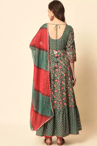 Pine Green Flared Tier Dress with Dupatta Set