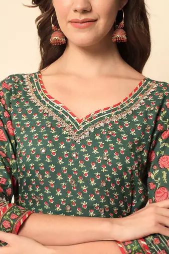 Pine Green Flared Tier Dress with Dupatta Set