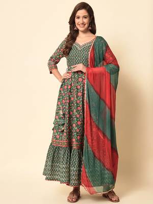 Pine Green Flared Tier Dress with Dupatta Set 5