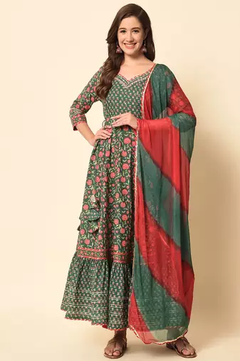 Pine Green Flared Tier Dress with Dupatta Set