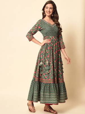 Pine Green Flared Tier Dress with Dupatta Set 6