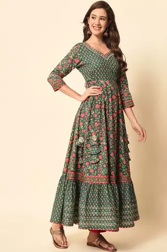 Pine Green Flared Tier Dress with Dupatta Set