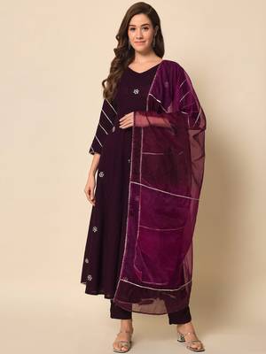 Plum Violet Embroidered Anarkali Suit Set with Dupatta 4