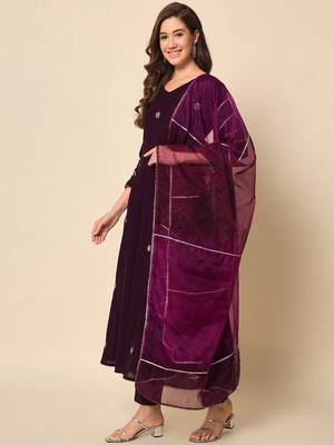 Plum Violet Embroidered Anarkali Suit Set with Dupatta 5