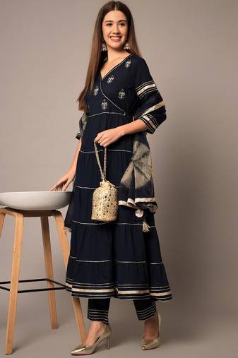 Midnight Blue Tier Kurta Set with Dupatta