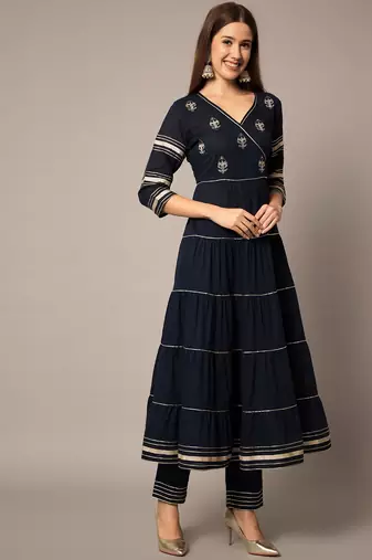 Midnight Blue Tier Kurta Set with Dupatta