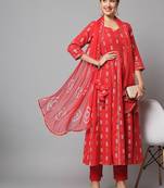 Red Ethnic Motif Anarkali Kurta Set with Dupatta