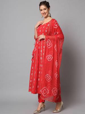 Red Ethnic Motif Anarkali Kurta Set with Dupatta 2