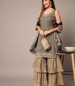 Blue and Beige Floral Kurta Sharara Set with Dupatta