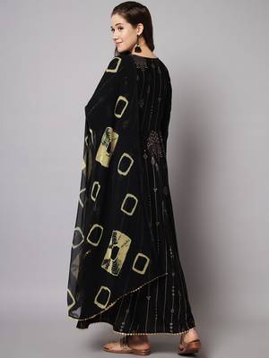 Black Ethnic Gold Printed Maxi A-Line Dress with Dupatta 2