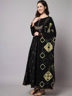 Black Ethnic Gold Printed Maxi A-Line Dress with Dupatta 3