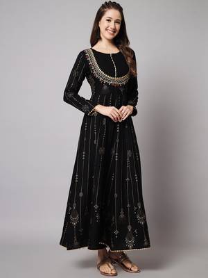 Black Ethnic Gold Printed Maxi A-Line Dress with Dupatta 4