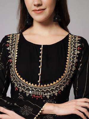 Black Ethnic Gold Printed Maxi A-Line Dress with Dupatta 5