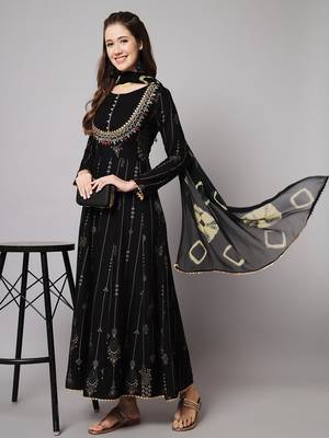 Black Ethnic Gold Printed Maxi A-Line Dress with Dupatta 6