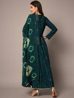Teal Ethnic Gold Printed Maxi A-Line Dress with Dupatta 2