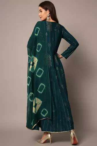 Teal Ethnic Gold Printed Maxi A-Line Dress with Dupatta