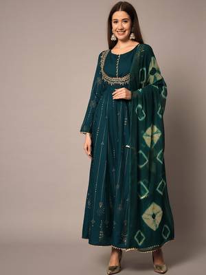 Teal Ethnic Gold Printed Maxi A-Line Dress with Dupatta 3
