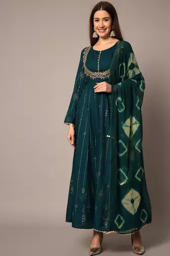 Teal Ethnic Gold Printed Maxi A-Line Dress with Dupatta