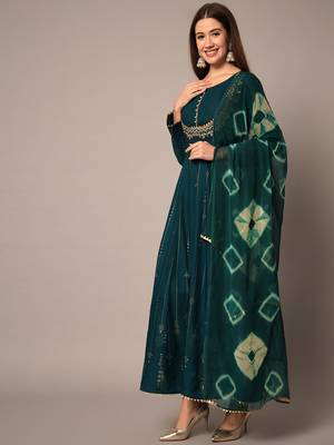Teal Ethnic Gold Printed Maxi A-Line Dress with Dupatta 4