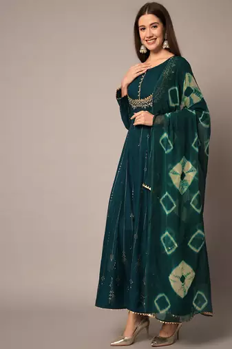 Teal Ethnic Gold Printed Maxi A-Line Dress with Dupatta