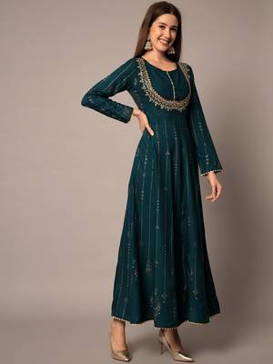 Teal Ethnic Gold Printed Maxi A-Line Dress with Dupatta 5