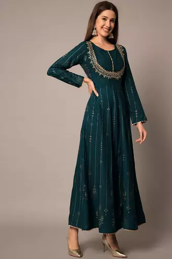 Teal Ethnic Gold Printed Maxi A-Line Dress with Dupatta