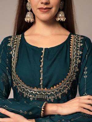 Teal Ethnic Gold Printed Maxi A-Line Dress with Dupatta 6