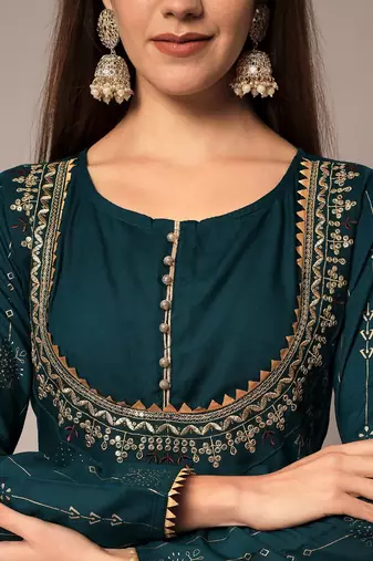 Teal Ethnic Gold Printed Maxi A-Line Dress with Dupatta