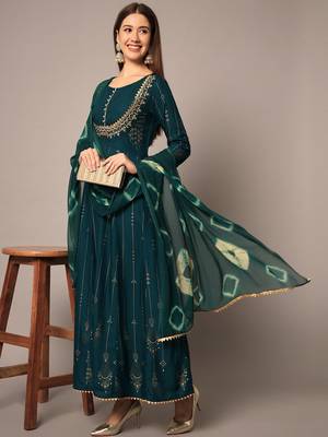 Teal Ethnic Gold Printed Maxi A-Line Dress with Dupatta 1