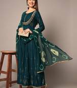 Teal Ethnic Gold Printed Maxi A-Line Dress with Dupatta