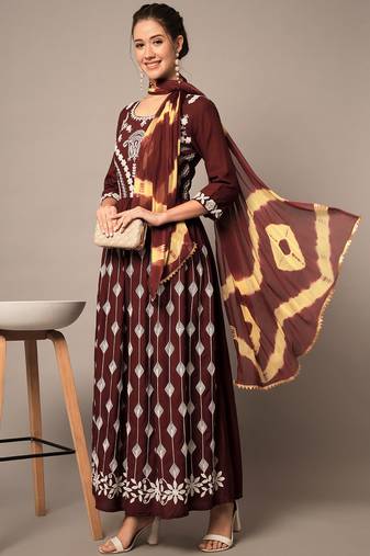 Brown Embroidered Anarkali Dress with Dupatta