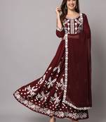 Brown Embroidered Anarkali Kurta Set with Dupatta