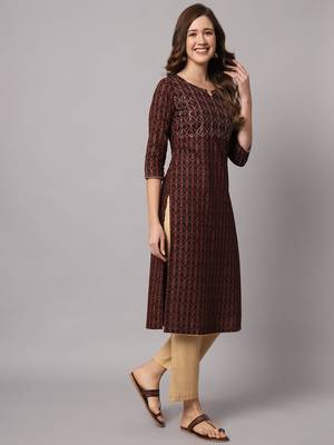 Brown and Beige Ethnic Printed Kurta Pants Set 6