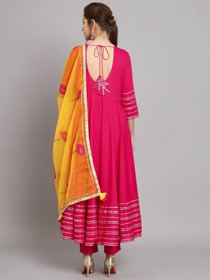 Pink and Yellow Flared Kurta Set with Dupatta 4