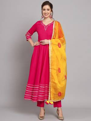 Pink and Yellow Flared Kurta Set with Dupatta 1
