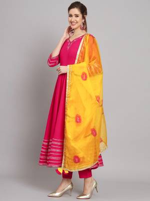 Pink and Yellow Flared Kurta Set with Dupatta 5