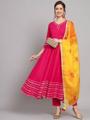 Pink and Yellow Flared Kurta Set with Dupatta 6