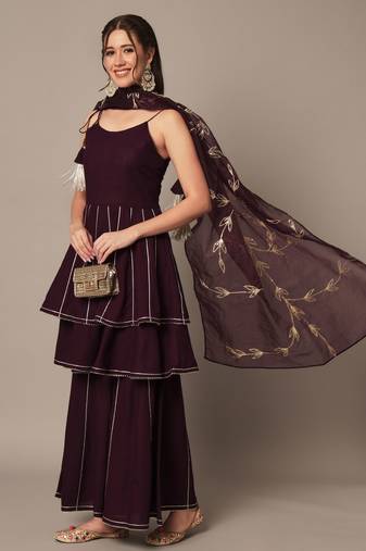 Wine Layered Kurta Sharara Set with Dupatta