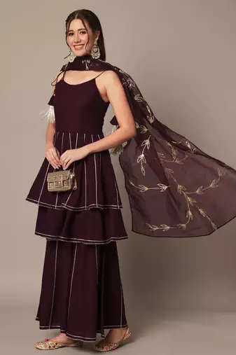 Wine Layered Kurta Sharara Set with Dupatta