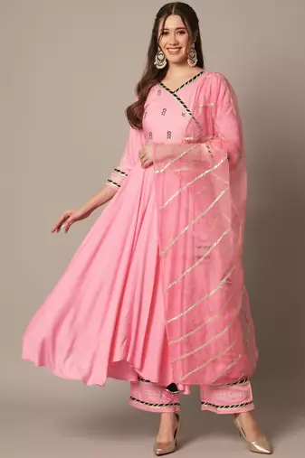 Blush Pink Flared Suit Set with Dupatta for Women