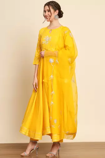 Yellow Embroidered Anarkali Suit Set with Dupatta
