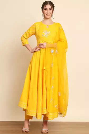 Yellow Embroidered Anarkali Suit Set with Dupatta