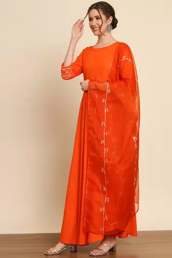 Orange Anarkali Suit Set with Dupatta