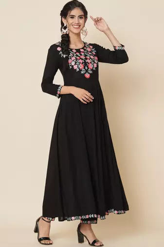 Black and Pink Flared Suit Set with Dupatta